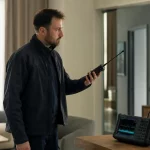 Tecnico della sicurezza confronta un rilevatore portatile e un analizzatore di spettro in un ambiente moderno