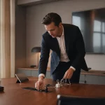 Professionista che controlla prese e dispositivi in una sala riunioni riservata