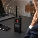 Rilevatore di microspie moderno su scrivania con dispositivi wireless