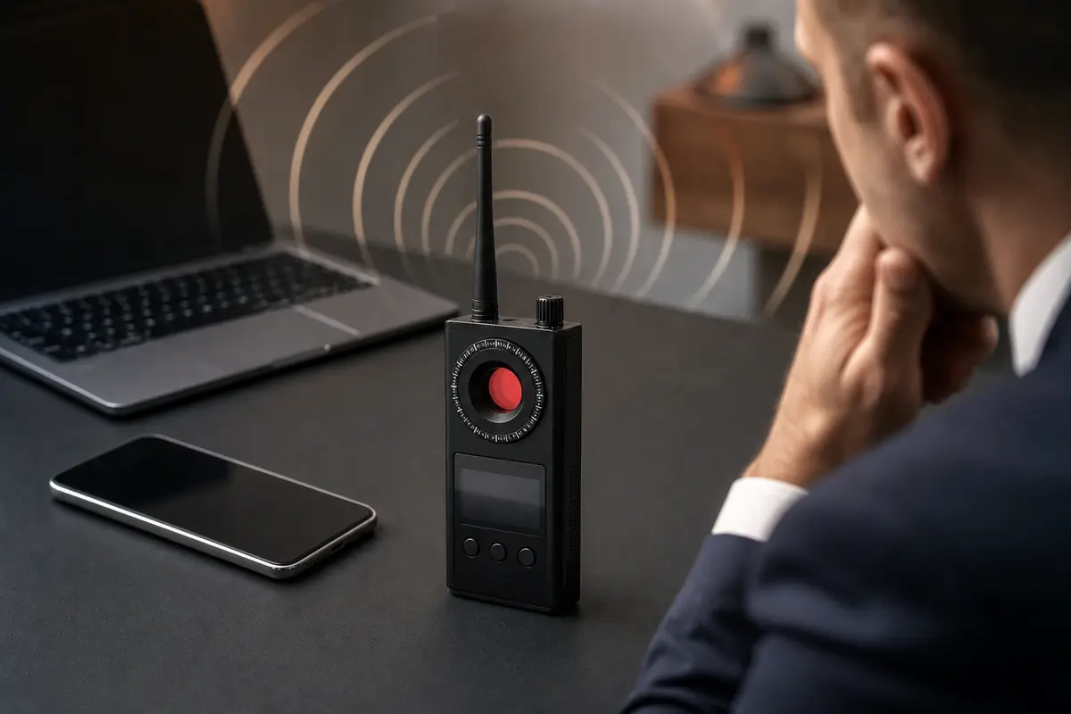 Rilevatore di microspie moderno su scrivania con dispositivi wireless
