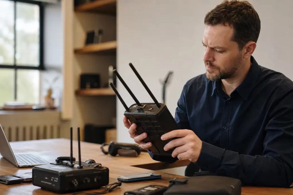 Tecnico che analizza segnali radio con un rilevatore professionale in un ambiente moderno