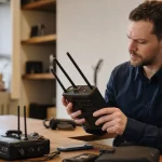 Tecnico che analizza segnali radio con un rilevatore professionale in un ambiente moderno