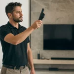 Tecnico con rilevatore RF durante un controllo in ambiente domestico moderno