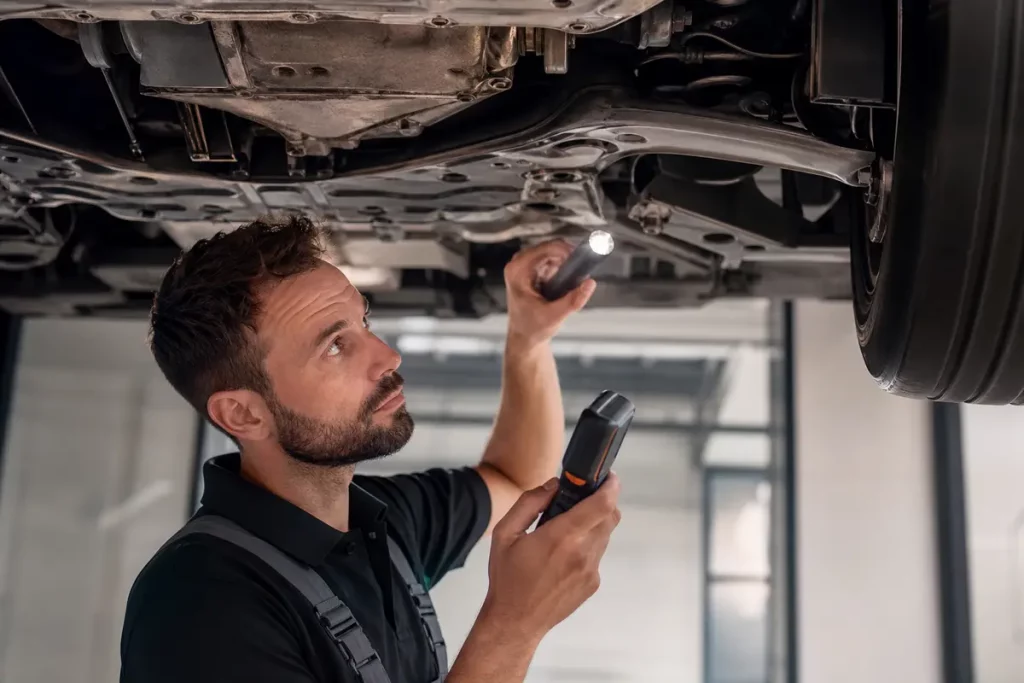 Tecnico che controlla il sottoscocca di un’auto con strumenti di rilevamento