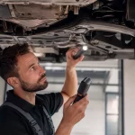 Tecnico che controlla il sottoscocca di un’auto con strumenti di rilevamento