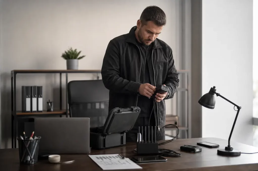 Tecnico specializzato esegue una bonifica elettronica in un ufficio moderno con strumenti professionali