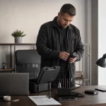 Tecnico specializzato esegue una bonifica elettronica in un ufficio moderno con strumenti professionali