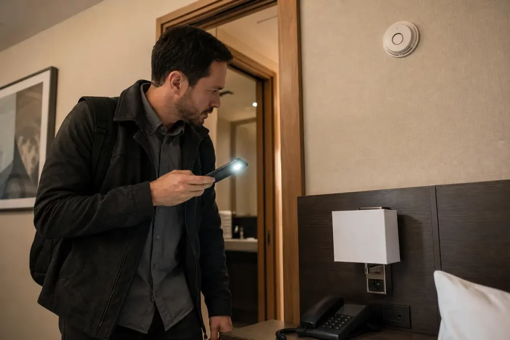 Viaggiatore controlla una stanza d’hotel con la torcia del telefono