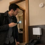 Viaggiatore controlla una stanza d’hotel con la torcia del telefono